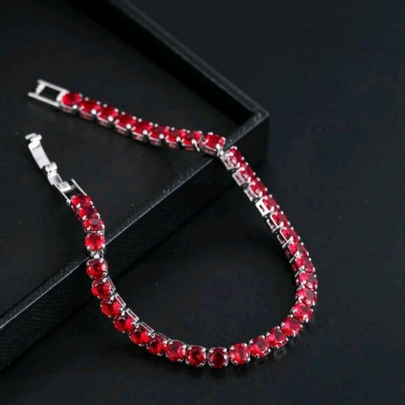 Red Rhinestone Sterling Silver Tennis Bracelet - Picture 1 of 16